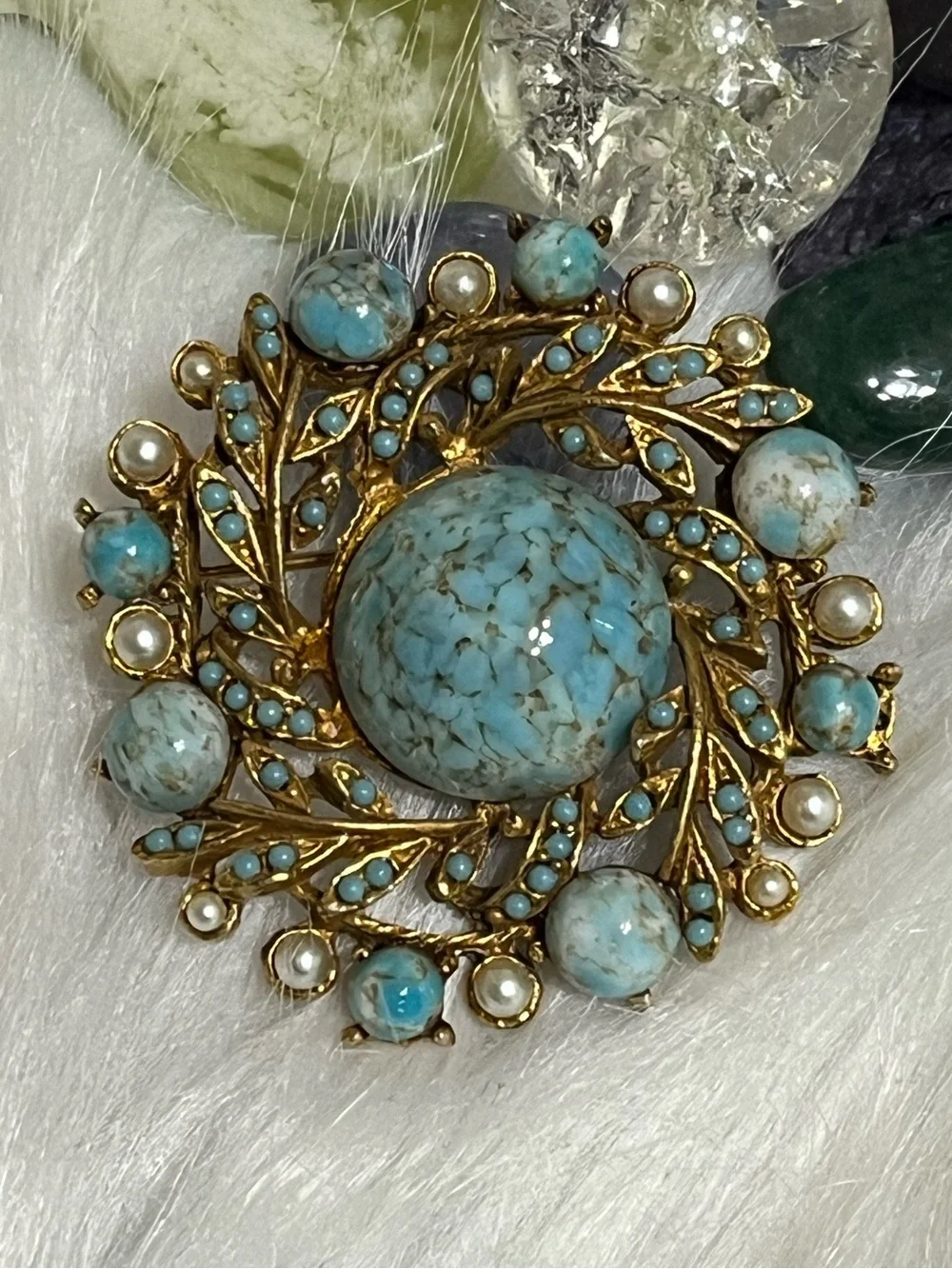 Vintage Turquoise Pearl Brooch